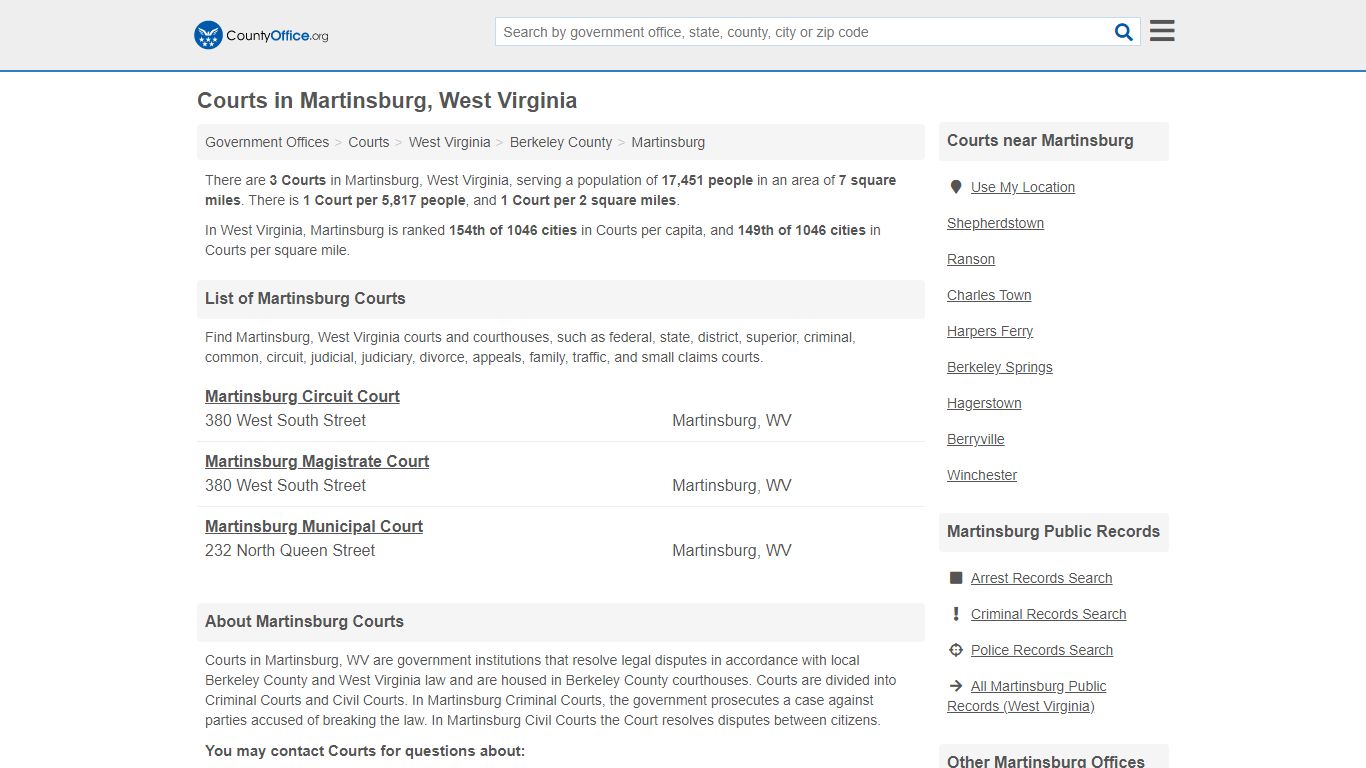 Courts - Martinsburg, WV (Court Records & Calendars) - County Office